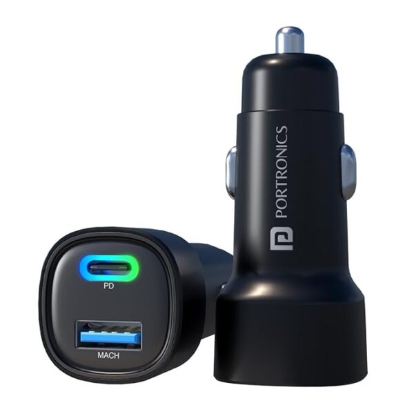 Portronics car power 30 Dual Output Fast Car Charger with 30W Type-C PD & 30W USB, LED Indicator