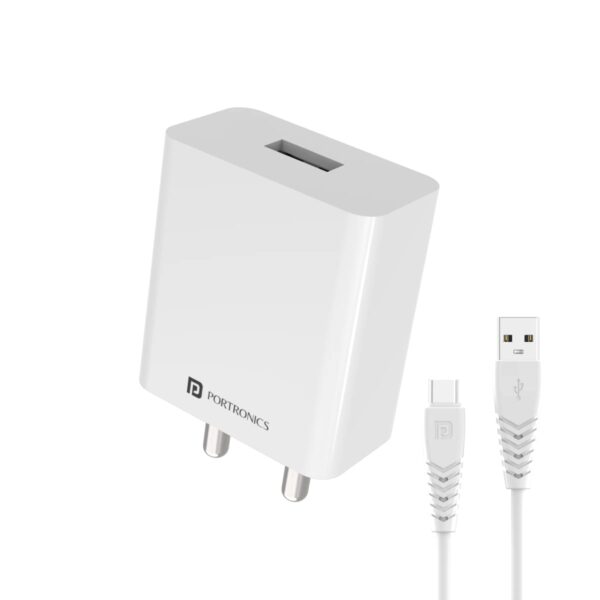 Portronics Adapto 31 C 2.4A Mobile Charger with Single USB Port, 12W Max Output, 1M Type C Charging Cable, Smart Protection Chip(White) Total