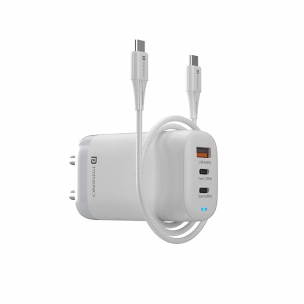 Portronics Adapto 65X 65w Mach USB and Type C Adapter wall charger with Triple Output Ports (1 USB + 2 PD)| Fast Charging with GaN Technology