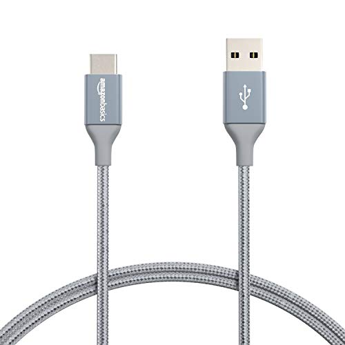 AmazonBasics Double Braided Nylon USB Type-C to Type-A 2.0 Male Cable for Laptop, 3 feet, Dark Grey