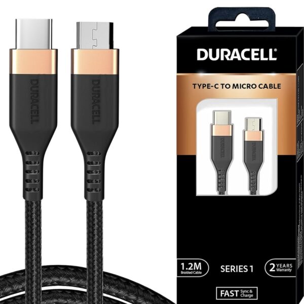 Duracell Type-C To Micro 1.2M braided Sync & Charge Cable, USB C to Micro Fast Charge Compatible for fast data transmission (Black) Total
