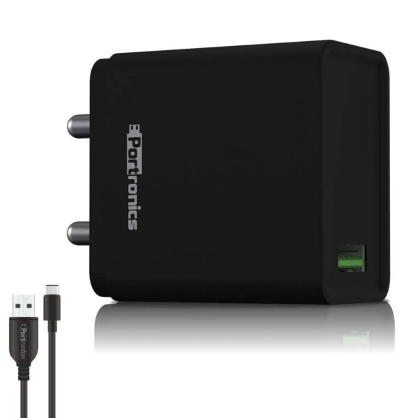 Portronics Adapto ONE, 18w 3A Mach USB Fast Charging Adaptor,Comes with 1M Type-C Cable Single Port Wall Charger for iPhone 11/Xs/XS Max/XR/X/8/7/6/Pl