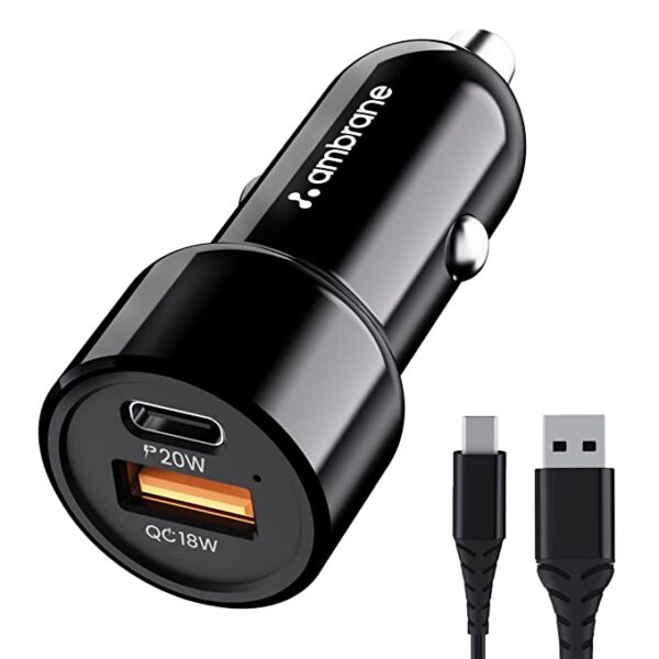 Ambrane 38W Fast Car Charger with Dual Output, Quick Charge 3.0 and Power Delivery, Type-C & USB Port, Wide Compatibility for Cellular Phones (RAAP C3