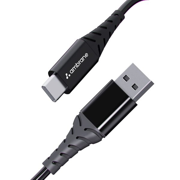 Ambrane 60W / 3A Fast Charging Output Cable with Type-C to USB for Mobile, Neckband, True Wireless Earphone Charging, 480mbps Data Sync Speed, 1m Leng Total