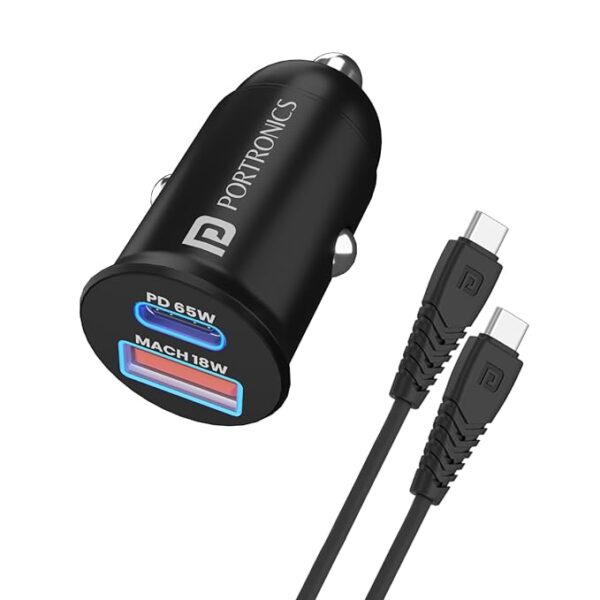 Portronics 65 Watts Car Power 65 Dual Output Fast Car Charger with 100W Type-C Cable (2m), 65W Type-C