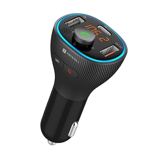 Portronics Auto 15 Bluetooth - FM Transmitter in-Car Radio Adapter for Hands-Free Calling, Music Streaming, USB Reading (PD 20W+QC3.0) Fast Charger, S